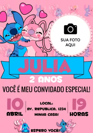 Convite Stitch E Angel Com Foto Azul para mais pesquisados