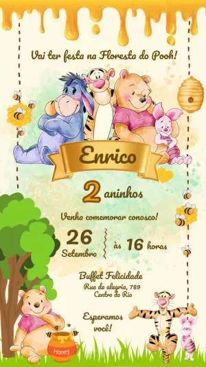 Convite Ursinho Pooh Aquarela Abelha para mais pesquisados