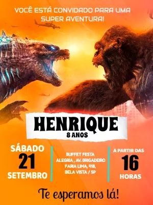 Convite Godzilla E King Kong Laranja para mais pesquisados