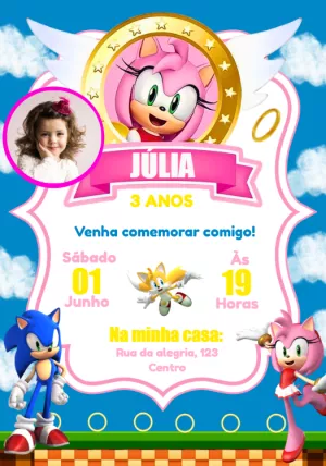 Convite Amy Rose Sonic Com Foto Azul para mais pesquisados