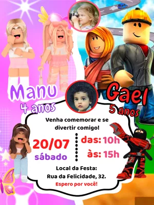Convite Duplo Roblox Menino E Menina Com Foto Vermelho para mais pesquisados