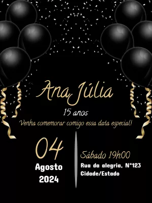 Convite All Black Balões para 15 anos