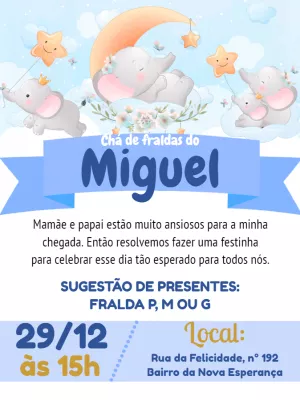 Convite Chá De Fraldas Elefante Baby Laranja para chá de fraldas