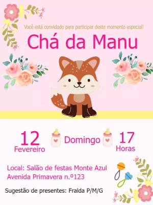 Convite Chá De Fraldas Raposa Rosa Mamadeira para chá de fraldas
