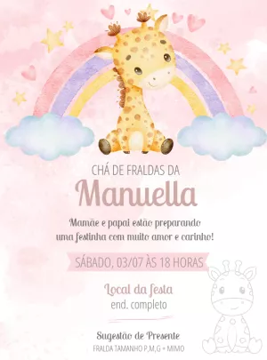 Convite Chá De Fraldas Girafinha Rosa Arco para chá de fraldas