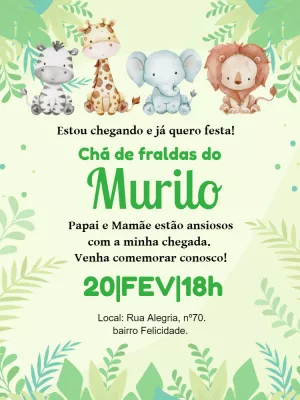Convite Chá De Fraldas Bebê Safari Floresta para chá de fraldas
