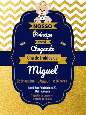 Convite Chá De Fraldas Ursinho Príncipe Coroa para chá de fraldas