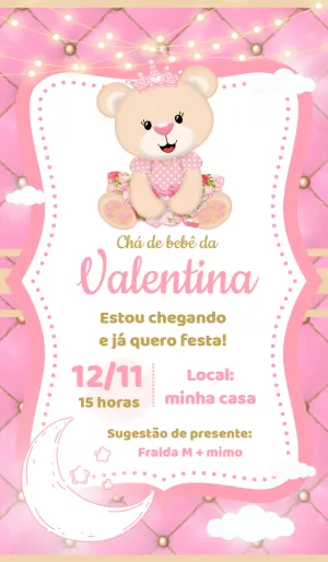 Convite Chá De Bebê Ursinha Princesa para chá de fraldas