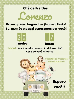 Convite Chá De Fraldas Safari P para chá de fraldas