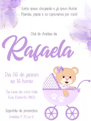 Convite Chá De Fraldas Ursinha Lilás Ursa para chá de fraldas