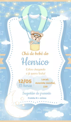 Convite Chá De Bebê Ursinho Baloeiro Azul Balão para chá de fraldas