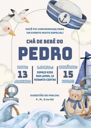 Convite Chá De Bebê Marinheiro Aquarela para chá de fraldas