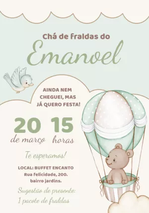 Convite Chá De Bebê Ursinho Baloeiro Verde para chá de fraldas