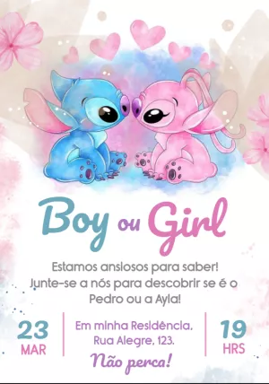 Convite Chá Revelação Stitch E Angel Menino para chá revelação