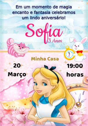 Convite Alice No País Das Maravilhas Rosa para datas comemorativas
