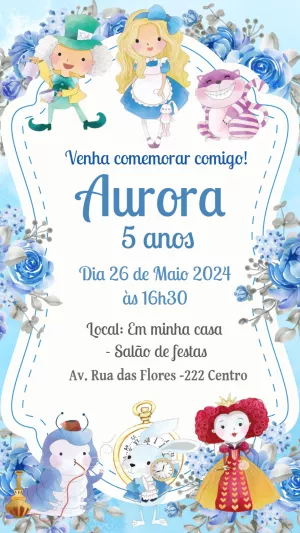 Convite Alice No Pais Das Maravilhas Azul Rosa para datas comemorativas