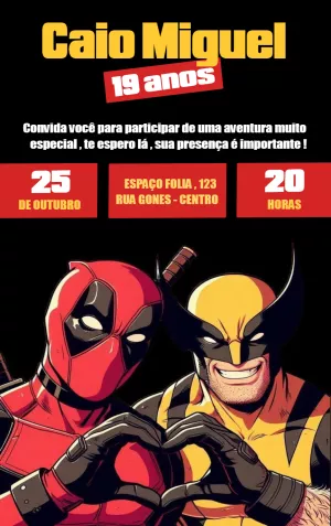 Convite Deadpool X Wolverine Amarelo para datas comemorativas
