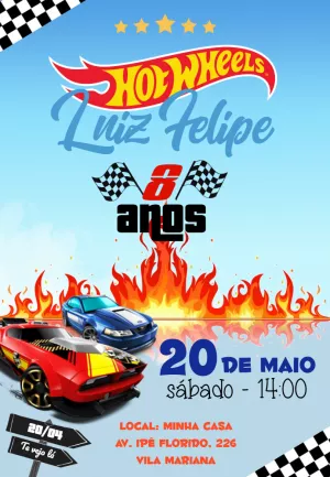 Convite Hot Wheels Infantil para aniversário infantil