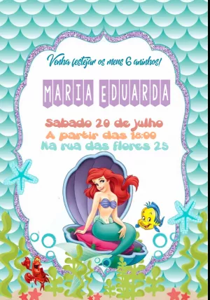 Convite A Pequena Sereia Ariel para aniversário infantil