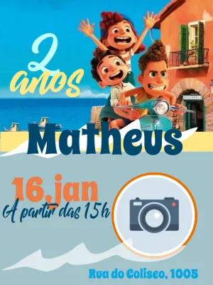 Convite Luca Disney Com Foto Azul para aniversário infantil