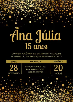 Convite 15 Anos Dourado E Preto Luxo para aniversário infantil