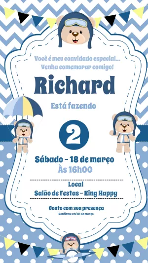 Convite Ursinho Aviador para aniversário infantil