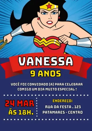 Convite Mulher Maravilha Infantil para aniversário infantil