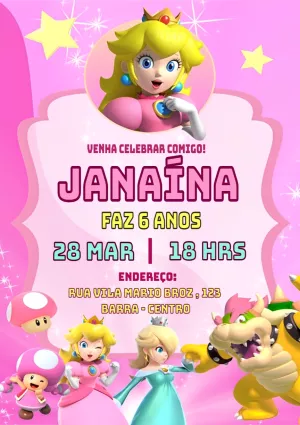 Convite Princesa Peach Mario para aniversário infantil