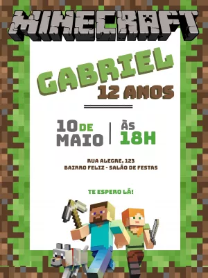 Convite Minecraft Infantil para aniversário infantil