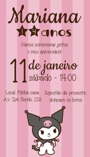 Convite Kuromi Hello Kitty Infantil para aniversário infantil