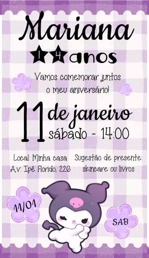 Convite Kuromi Hello Kitty Keroppi para aniversário infantil