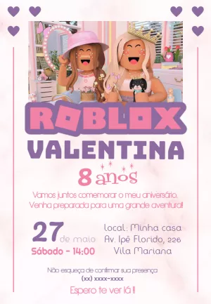 Convite Roblox Rosa para aniversário infantil