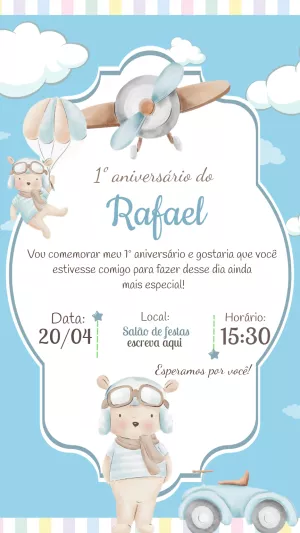 Convite Ursinho Aviador Aquarela para aniversário infantil