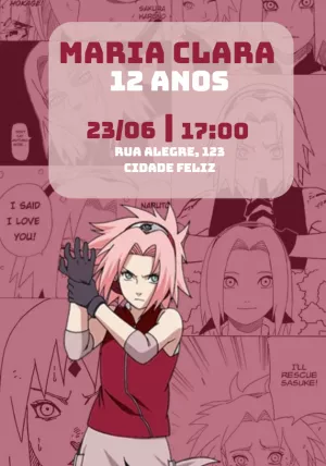 Convite Naruto Sakura Preto para aniversário infantil