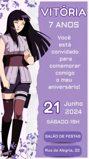 Convite Hinata Naruto Lilás para aniversário infantil