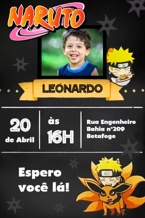 Convite Naruto Chibi Com Foto Raposa para aniversário infantil