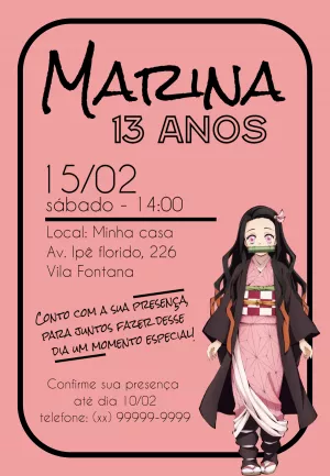 Convite Demon Slayer Anime Kimetsu No Yaiba Tanjiro para aniversário infantil