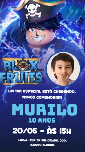 Convite Blox Fruits Com Foto Roblox para aniversário infantil