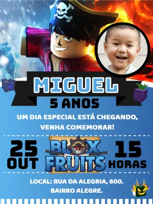 Convite Blox Fruits Roblox Com Foto Bloxfruis para aniversário infantil
