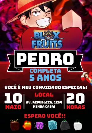Convite Blox Fruits Roblox Bloxfruits para aniversário infantil