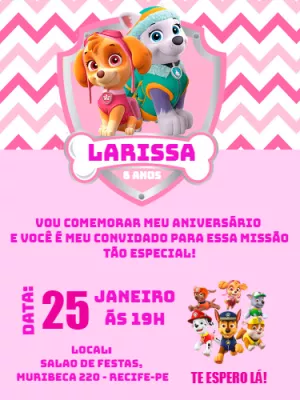 Convite Patrulha Canina Rosa para aniversário infantil