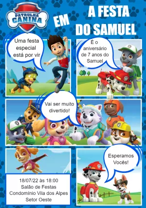 Convite Patrulha Canina Quadrinhos Colorido para aniversário infantil
