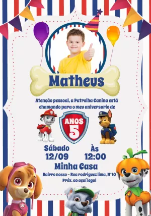 Convite Patrulha Canina Com Foto Osso para aniversário infantil
