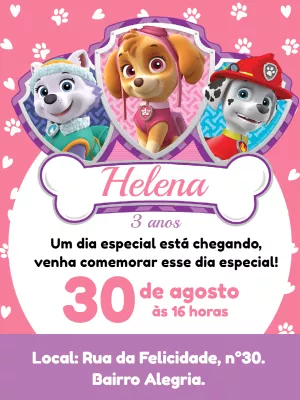 Convite Skye Patrulha Canina Cachorro para aniversário infantil
