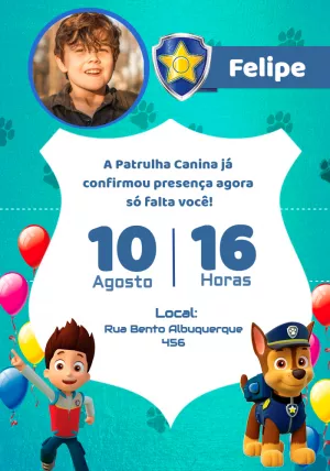 Convite Patrulha Canina Com Foto Distintivos para aniversário infantil