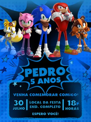 Convite Sonic Hedgehog para aniversário infantil