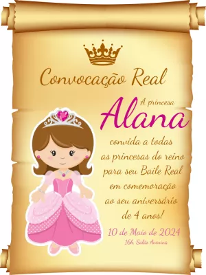 Convite Princesa Convocação Real Roxo para aniversário infantil