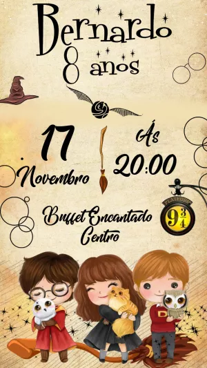 Convite Harry Potter Hogwarts para aniversário infantil