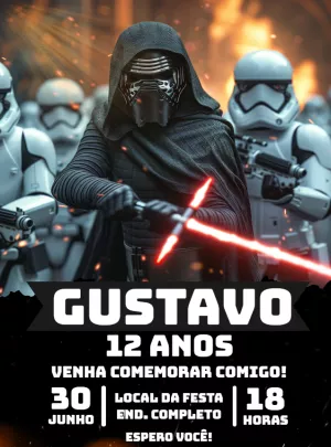 Convite Kylo Ren Star Wars Império para aniversário infantil
