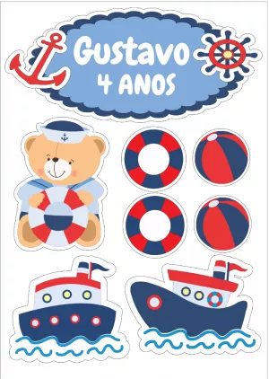 Convite Topo De Bolo Ursinho Marinheiro Colorido para topo de bolo